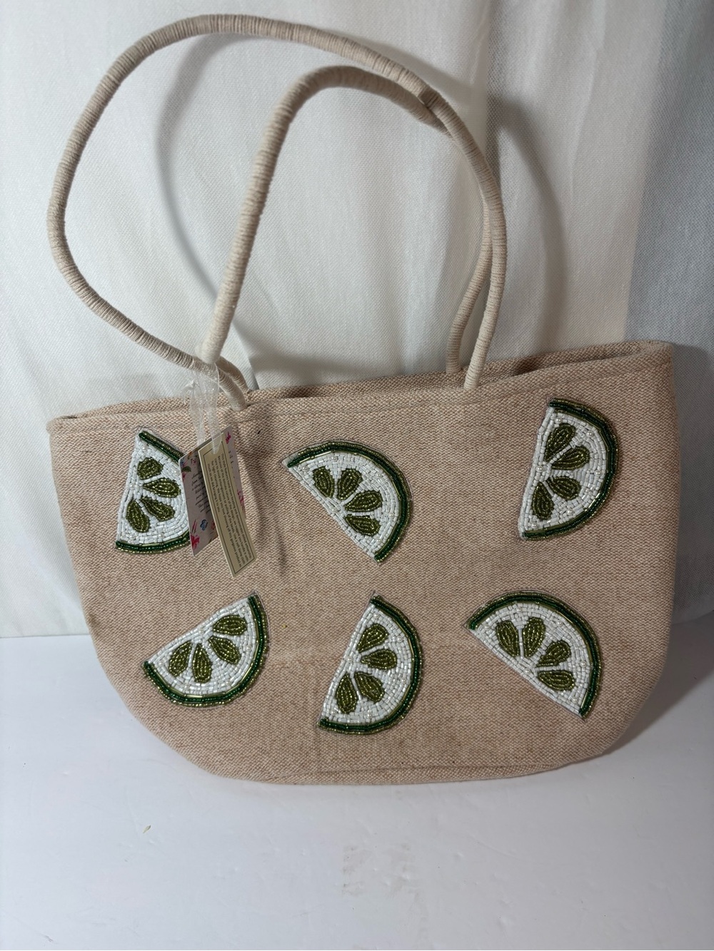 Beaded Lime Motif Handcrafted  Beige Tote Bag with roped handles - Picture 4 of 5